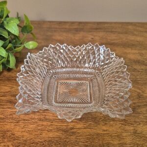 VINTAGE Clear Pressed Glass Textured Diamond Point Decorative Dish